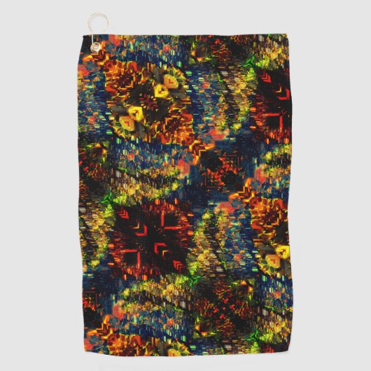 赤い黄色の緑の濃い花の細断紙? ゴルフタオル (正面)