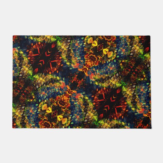 赤い黄色の緑の濃い花の細断紙? ドアマット (正面)