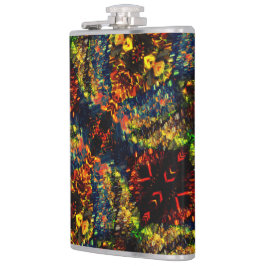 赤い黄色の緑の濃い花の細断紙? フラスク