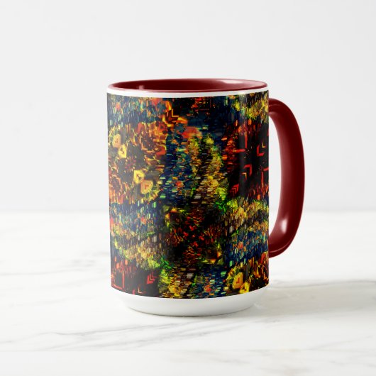 赤い黄色の緑の濃い花の細断紙? マグカップ (正面右)