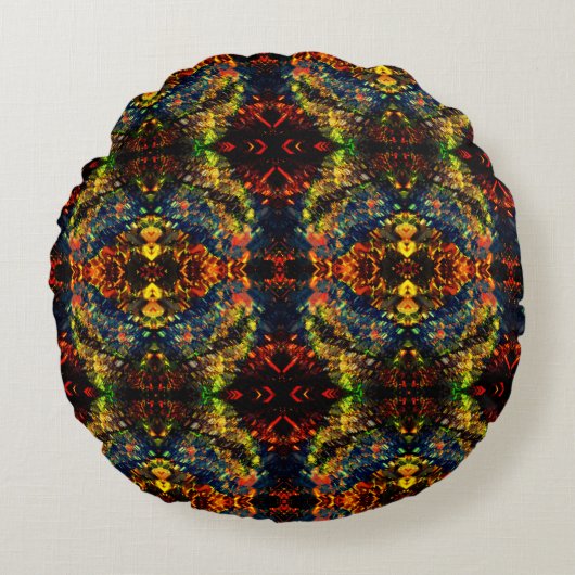 赤い黄色の緑の濃い花の細断紙? ラウンドクッション (正面)