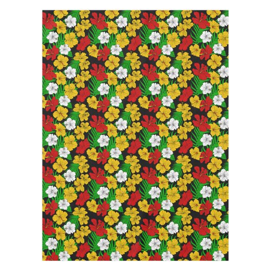 赤い黄色の緑の熱帯性ハイビスカスの花 テーブルクロス (正面)