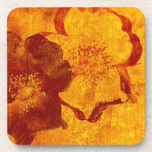 赤い黄色の花のグランジデジタルグラフィックアート コースター (正面)