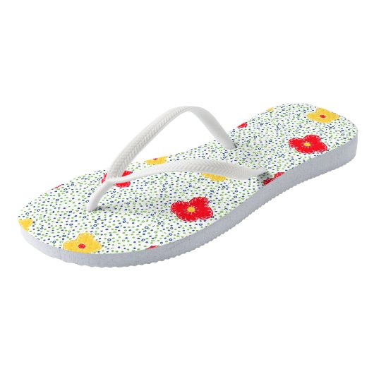 赤い黄色の花の緑の青の円水玉模様 ビーチサンダル (アングル)