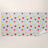 赤い黄色の花の緑の青の円水玉模様 ビーチタオル (正面)