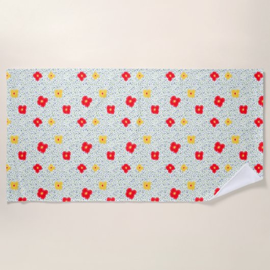 赤い黄色の花の緑の青の円水玉模様 ビーチタオル (正面)