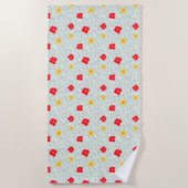 赤い黄色の花の緑の青の円水玉模様 ビーチタオル (正面)