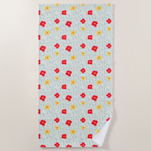 赤い黄色の花の緑の青の円水玉模様 ビーチタオル (正面)