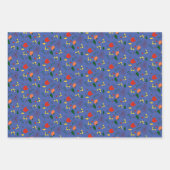 赤い黄色の野生の花のパターン青い包装紙 ラッピングペーパーシート (正面)