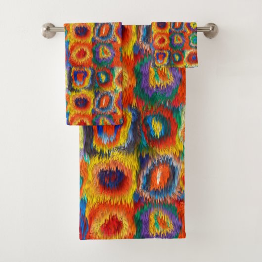 赤い黄色の青いピンクの紫の緑の正方形の円 バスタオルセット (インサイチュ)