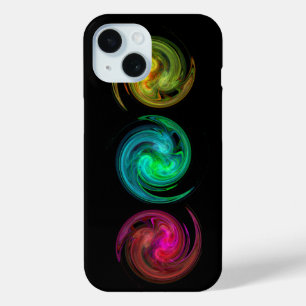 赤い黄色の青い光の渦フラクタルアート、黒 iPhone 15ケース