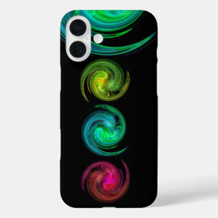 赤い黄色の青い光の渦フラクタルアート、黒 iPhone 16 PLUSケース