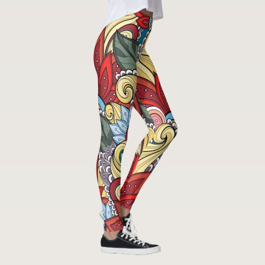 赤い黄色の青い緑の花と渦巻き レギンス (右)