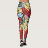 赤い黄色の青い緑の花と渦巻き レギンス (裏面)