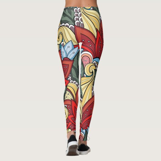 赤い黄色の青い緑の花と渦巻き レギンス (裏面)