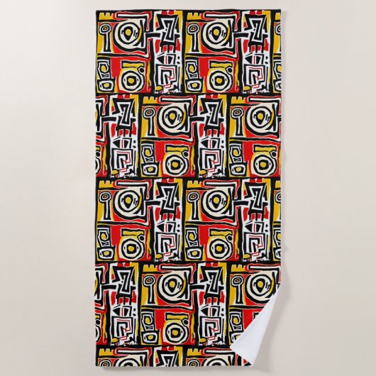 赤い黄色の黒い抽象芸術アフリカの部族の幾何学的 ビーチタオル (正面)