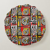 赤い黄色の黒い抽象芸術アフリカの部族の幾何学的 ラウンドクッション (裏面)