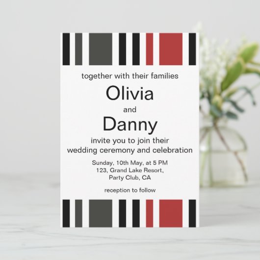 赤い黒いグレーの垂直ストライプビーチ結婚式 招待状 (スタンド正面)