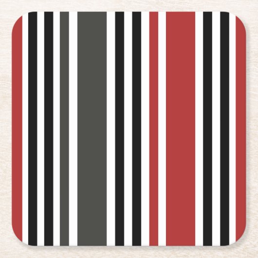 赤い黒いグレーの垂直ストライプ線パターン スクエアペーパーコースター (正面)