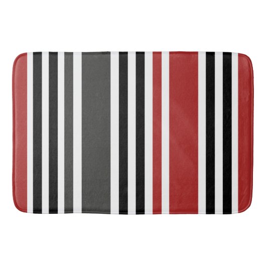 赤い黒いグレーの垂直ストライプ線パターン バスマット (正面)