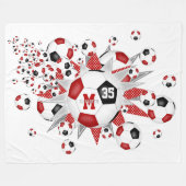 赤い黒いサッカーボールが女の子の名前 フリースブランケット (正面(横))