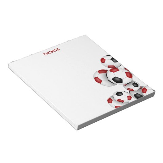 赤い黒いサッカーボールのアクセント名前をカスタムする ノートパッド (アングル)