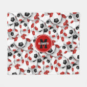 赤い黒いサッカーボールのチームカラーモノグラムの フリースブランケット (正面(横))