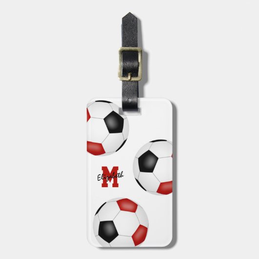 赤い黒いサッカーボールモノグラムの3 ラゲッジタグ (正面縦)