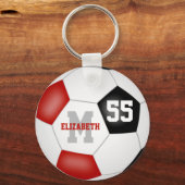 赤い黒いチームカラーの男の子サッカーボール キーホルダー (正面)