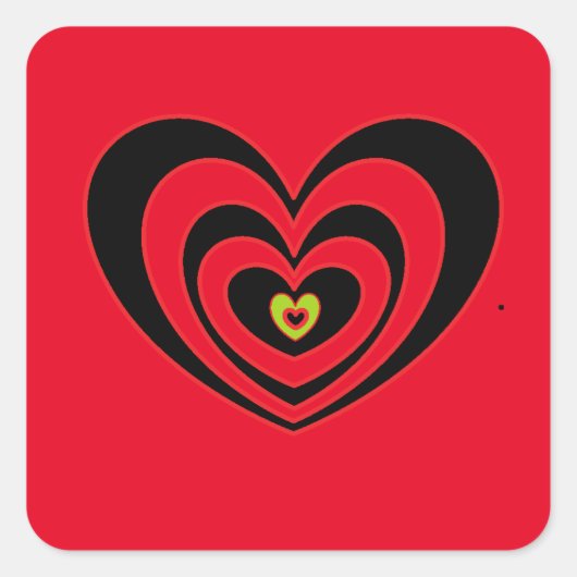 赤い黒いハート付き小さな赤い四角いステッカー スクエアシール (正面)