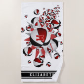 赤い黒いバスケットボールが女の子をモノグラムの主演 ビーチタオル (正面)