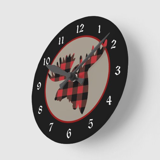 赤い黒いバッファローの格子縞のアメリカヘラジカの頭部 ラウンド壁時計 (傾斜)