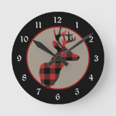 赤い黒いバッファローの格子縞のシカの頭部 ラウンド壁時計 (正面)