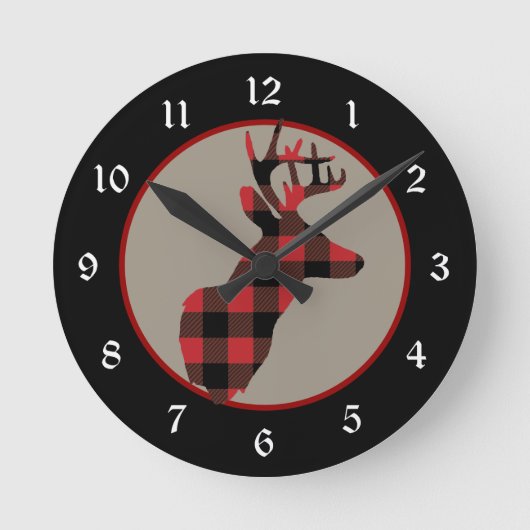 赤い黒いバッファローの格子縞のシカの頭部 ラウンド壁時計 (正面)