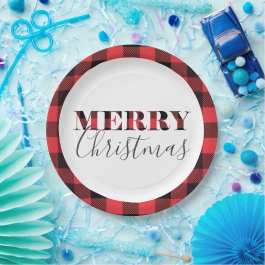 赤い黒いバッファローの格子縞のメリークリスマス ペーパープレート (パーティー)