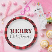 赤い黒いバッファローの格子縞のメリークリスマス ペーパープレート (パーティー)