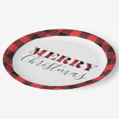 赤い黒いバッファローの格子縞のメリークリスマス ペーパープレート (アングル)