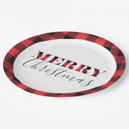 赤い黒いバッファローの格子縞のメリークリスマス ペーパープレート (アングル)