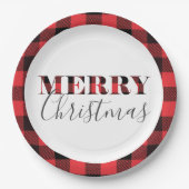赤い黒いバッファローの格子縞のメリークリスマス ペーパープレート (正面)