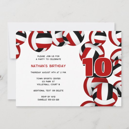 赤い黒いバレーボール少年少女の誕生日パーティー 招待状 (正面)