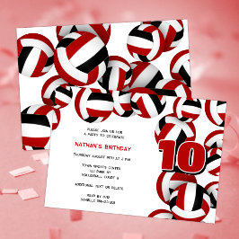 赤い黒いバレーボール少年少女の誕生日パーティー 招待状