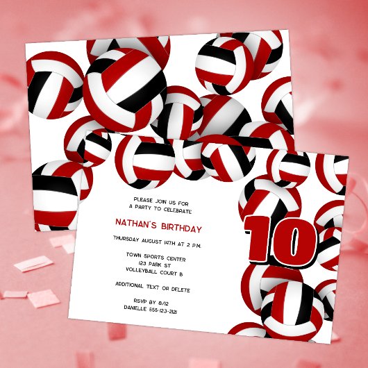 赤い黒いバレーボール少年少女の誕生日パーティー 招待状