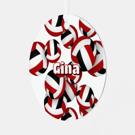 赤い黒いバレーボールwアスリート名記念 メタルオーナメント (正面左)