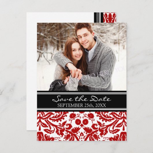 赤い黒い写真日付の結婚はがきを保存 案内ポストカード (正面/裏面)