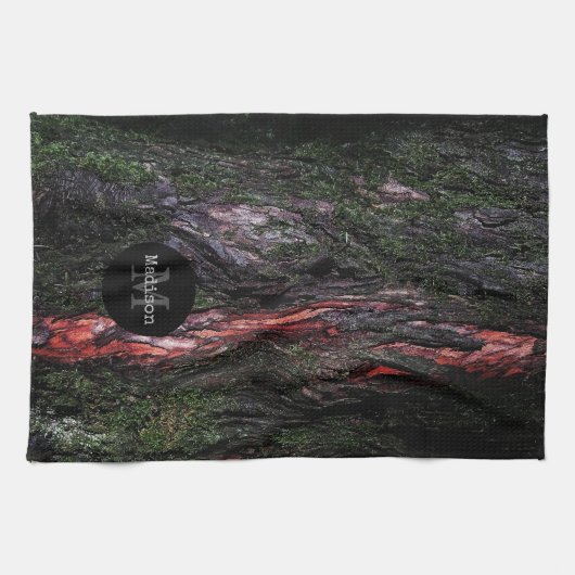 赤い黒い木のモッシーな木の樹皮モノグラム キッチンタオル (横)