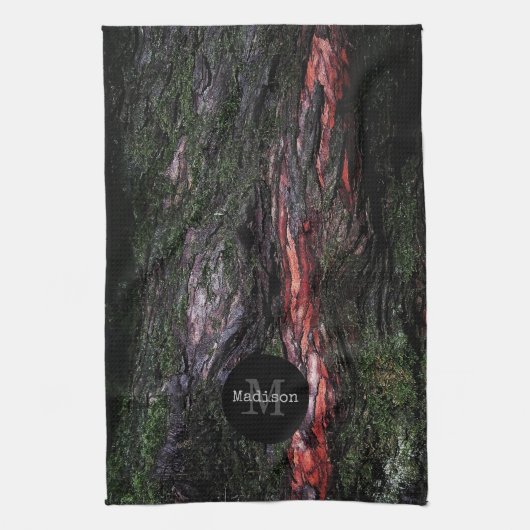 赤い黒い木のモッシーな木の樹皮モノグラム キッチンタオル (縦)