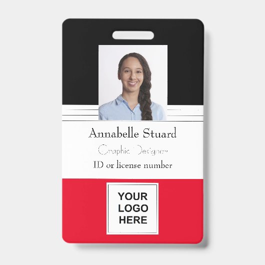 赤い黒い線が付いた名前の写真従業員企業のID バッジ (正面)