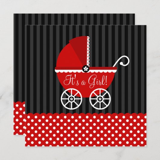赤い黒い車の点少女のベビーシャワー 招待状 (正面/裏面)