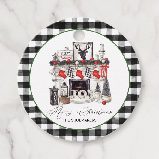 赤い黒と白のクリスマス暖炉のストッキング フェイバータグ (正面)