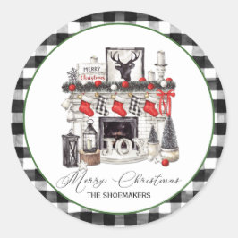 赤い黒と白のクリスマス暖炉のストッキング ラウンドシール